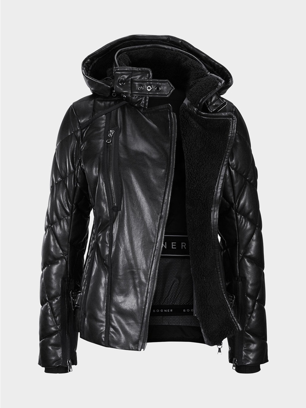 Bogner Faux Leather Down Ski Jacket Moto Asymmetric Black Shearling US 10